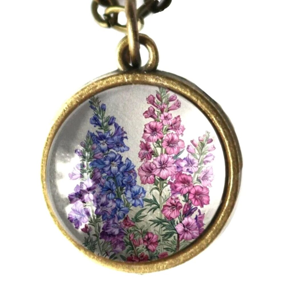 Larkspur Flowers Necklace - Bronze‎ Spring Floral Pendant - RARE Vintage Jewelry